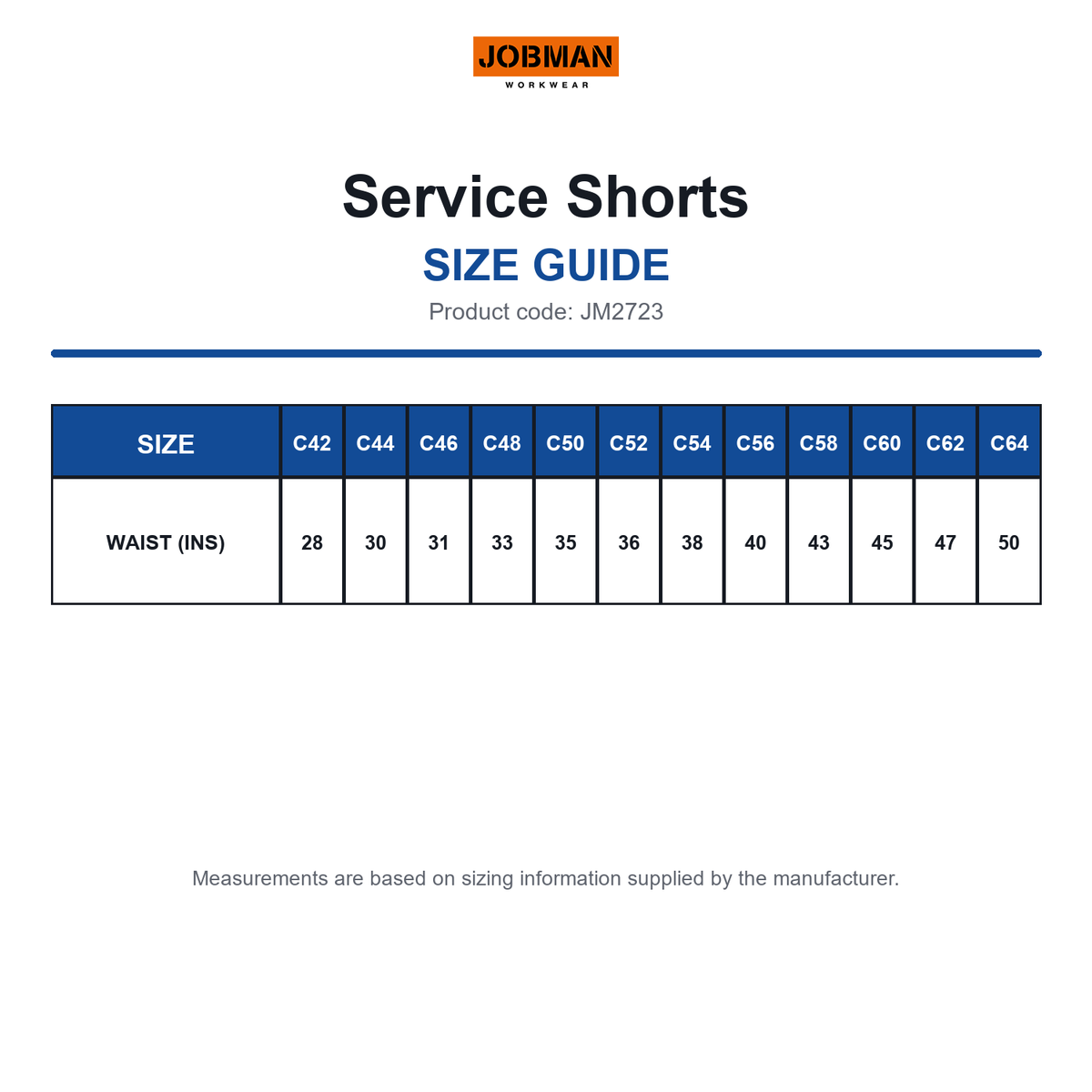 JM2723 Jobman Service Shorts size guide (JM2723)