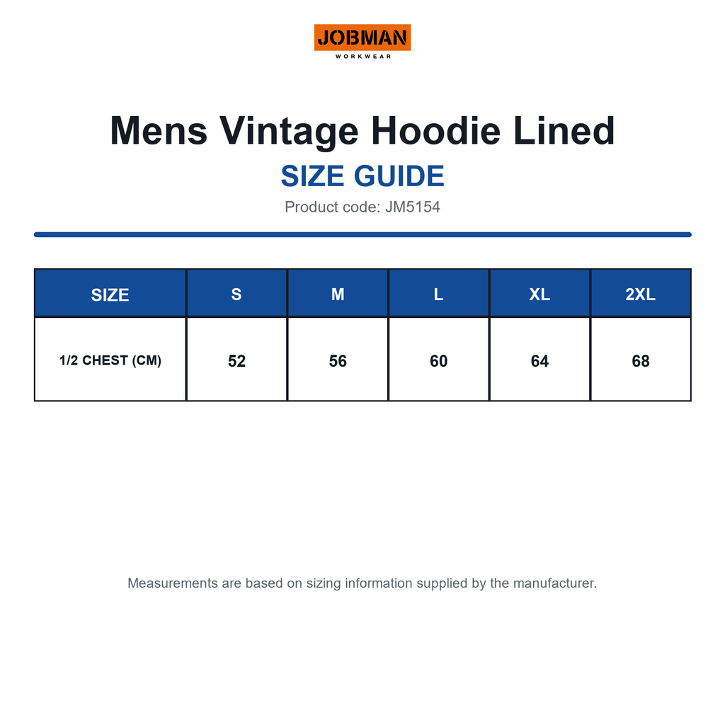 JM5154 Jobman Mens Vintage Hoodie Lined size guide (JM5154)