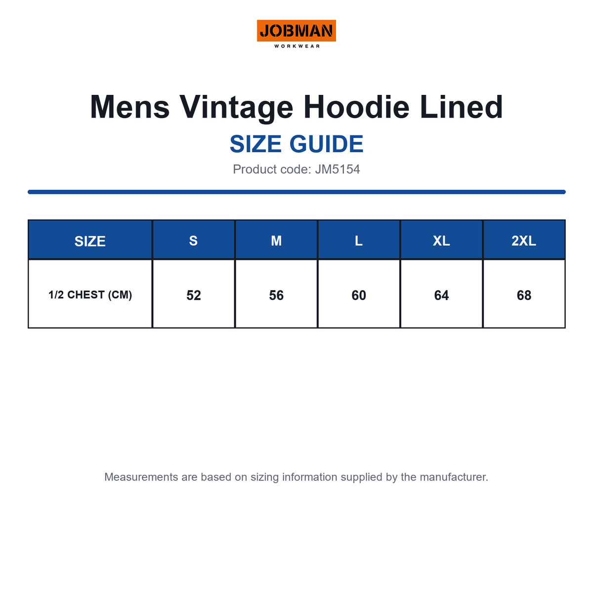 JM5154 Jobman Mens Vintage Hoodie Lined size guide (JM5154)