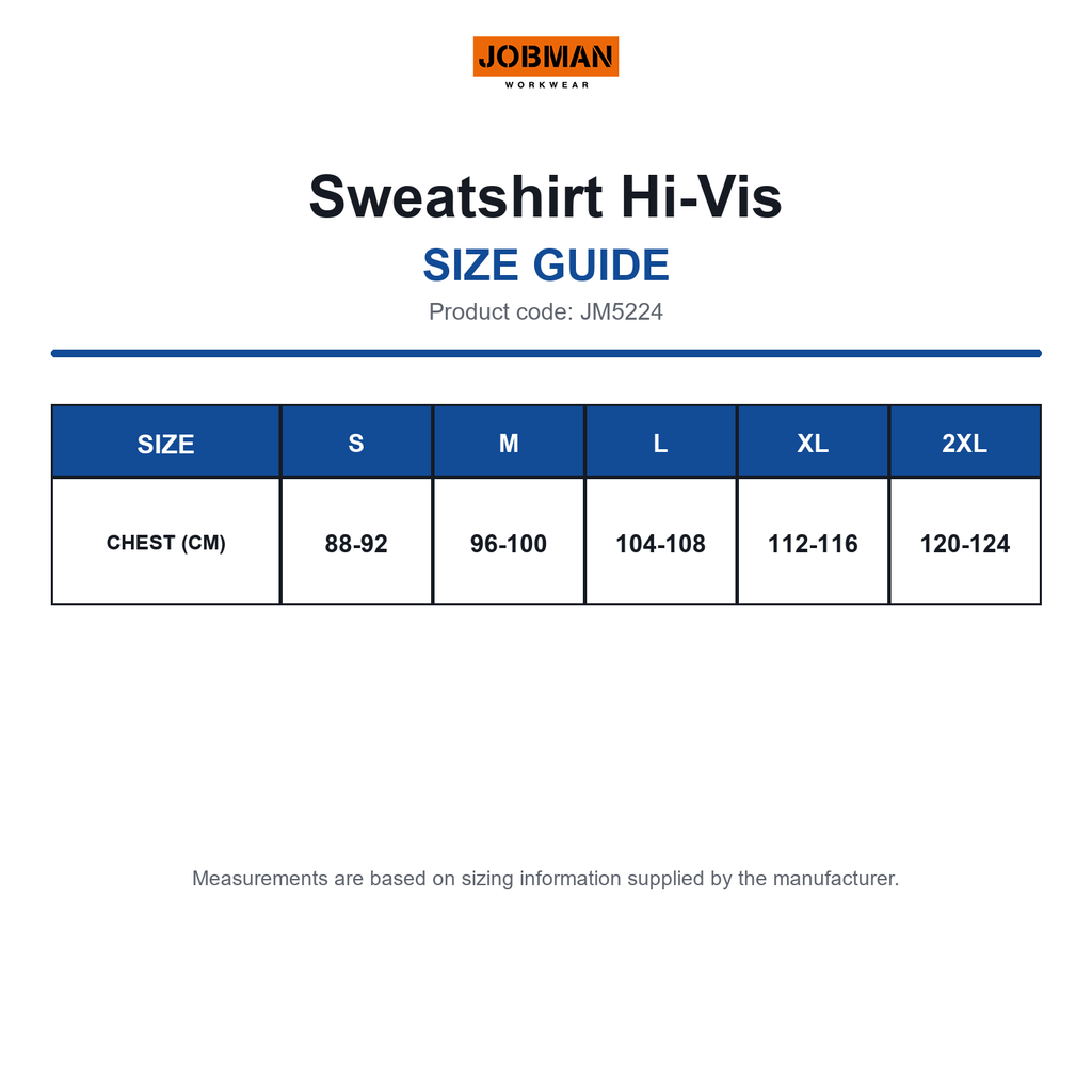 JM5224 Jobman Sweatshirt Hi-Vis size guide (JM5224)