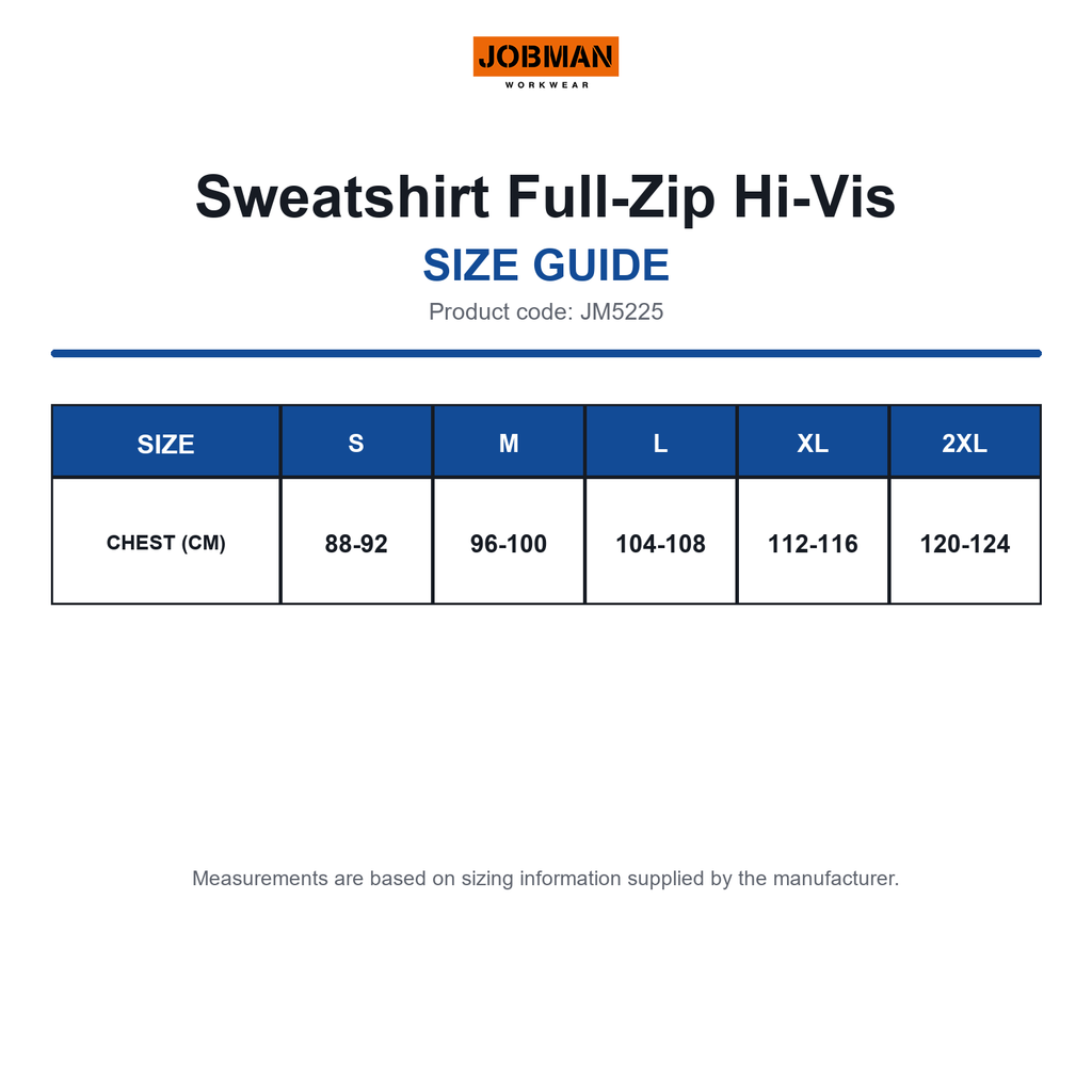 JM5225 Jobman Sweatshirt Full-Zip Hi-Vis size guide (JM5225)