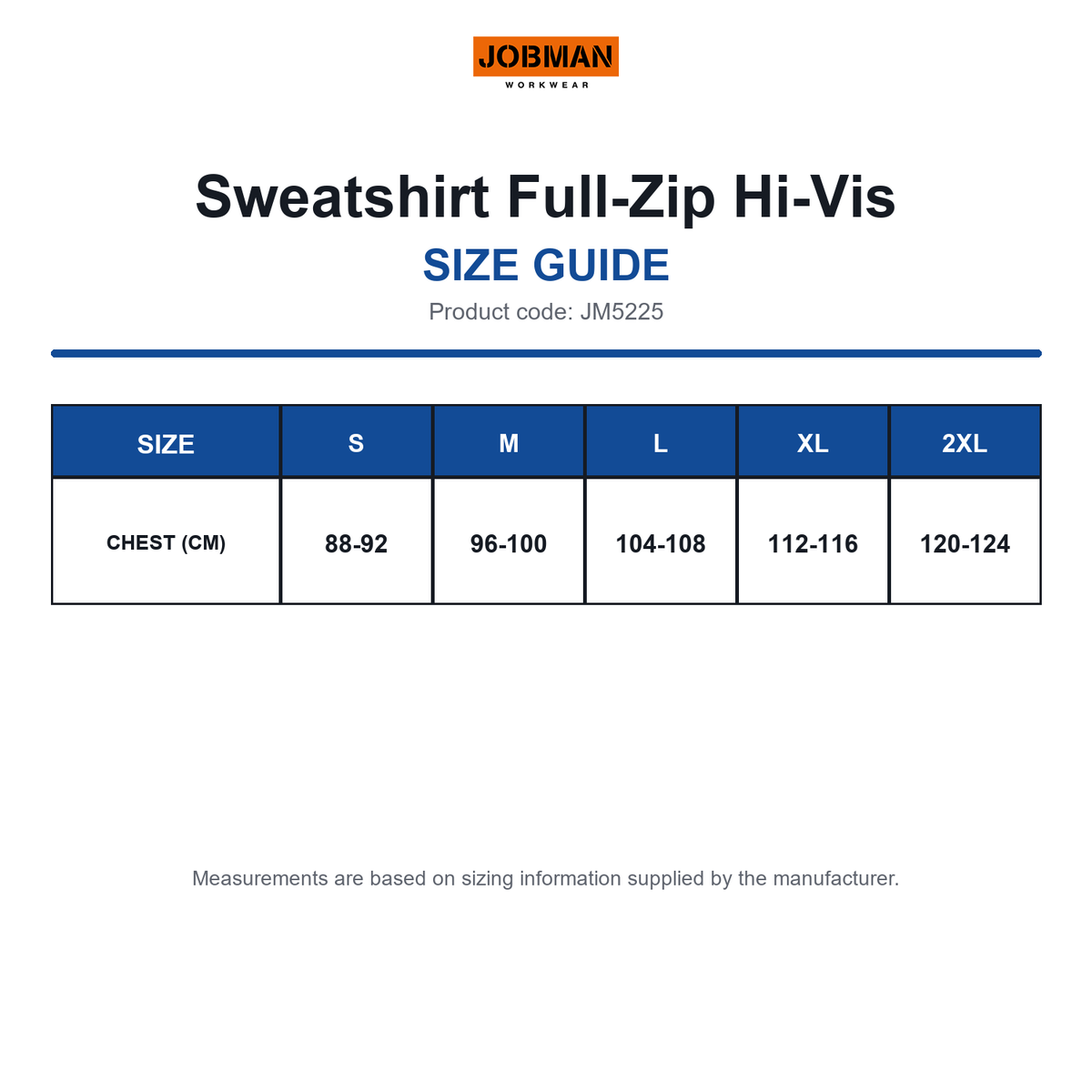 JM5225 Jobman Sweatshirt Full-Zip Hi-Vis size guide (JM5225)