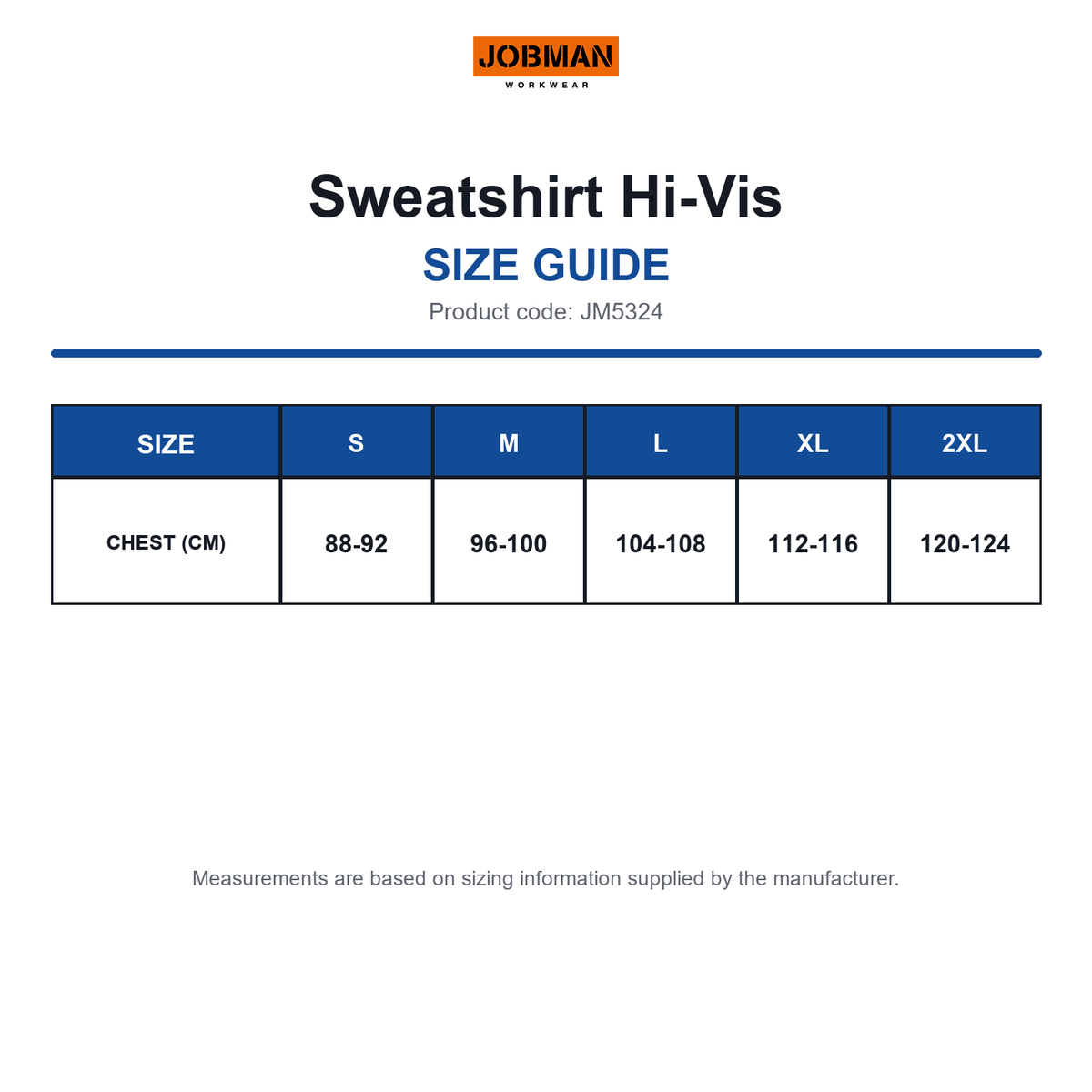 JM5324 Jobman Sweatshirt Hi-Vis size guide (JM5324)