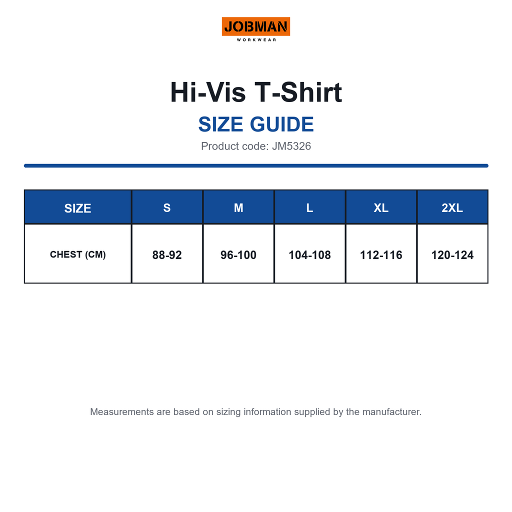 JM5326 Jobman Hi-Vis T-Shirt size guide (JM5326)