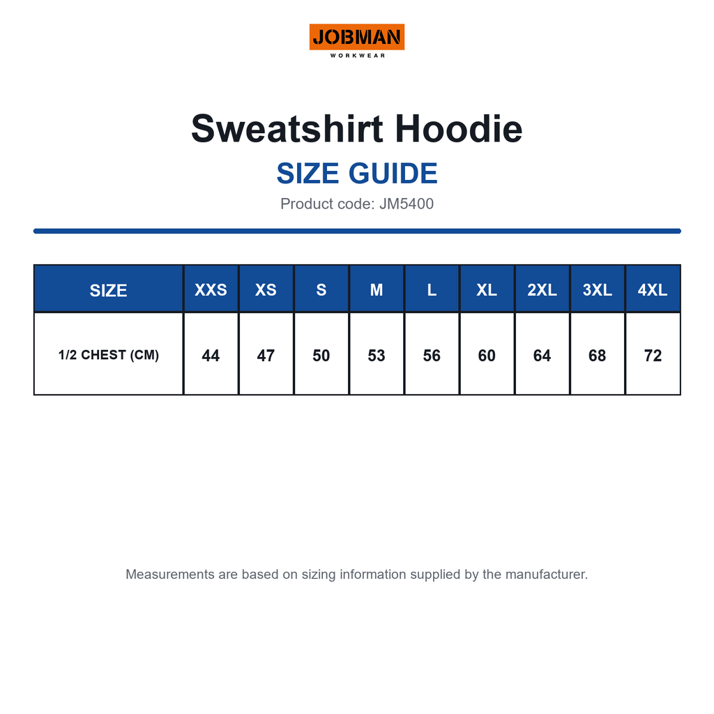 JM5400 Jobman Sweatshirt Hoodie size guide (JM5400)