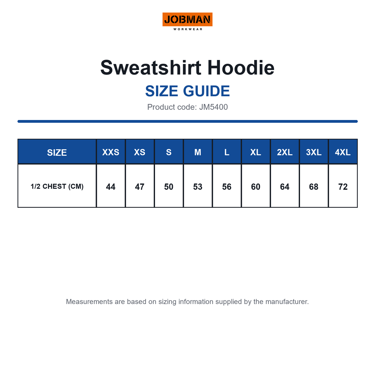 JM5400 Jobman Sweatshirt Hoodie size guide (JM5400)