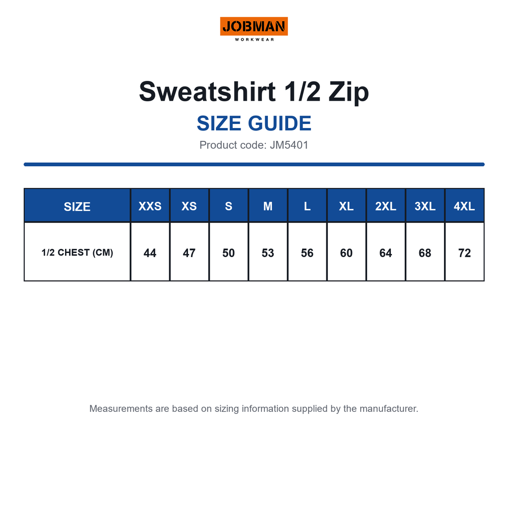 JM5401 Jobman Sweatshirt 1/2 Zip size guide (JM5401)