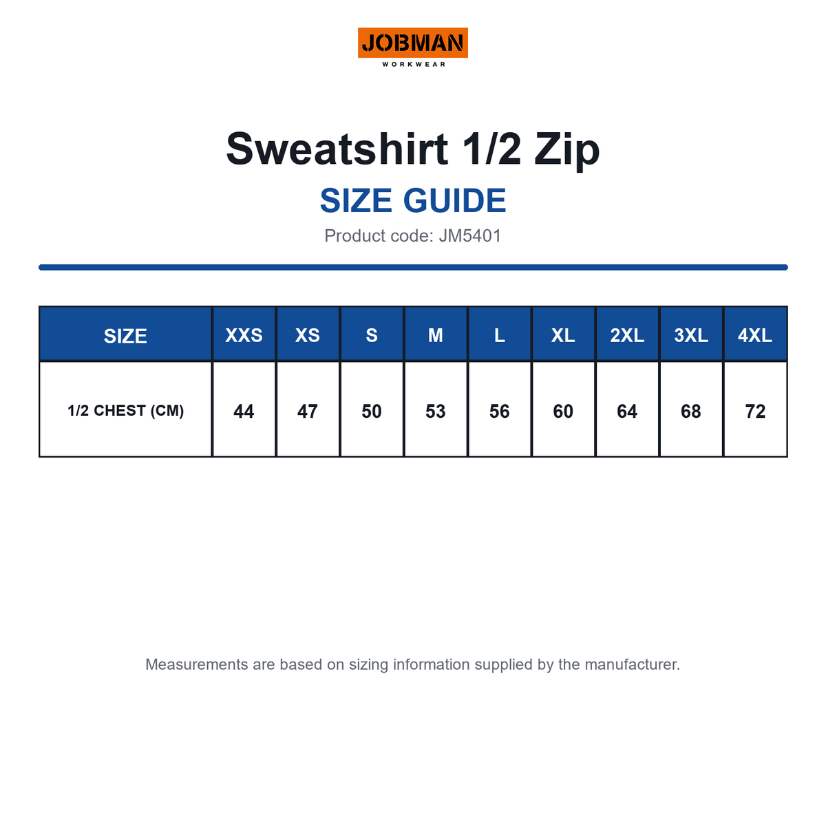 JM5401 Jobman Sweatshirt 1/2 Zip size guide (JM5401)