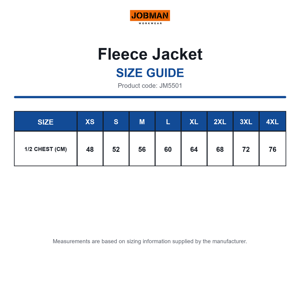 JM5501 Jobman Fleece Jacket size guide (JM5501)