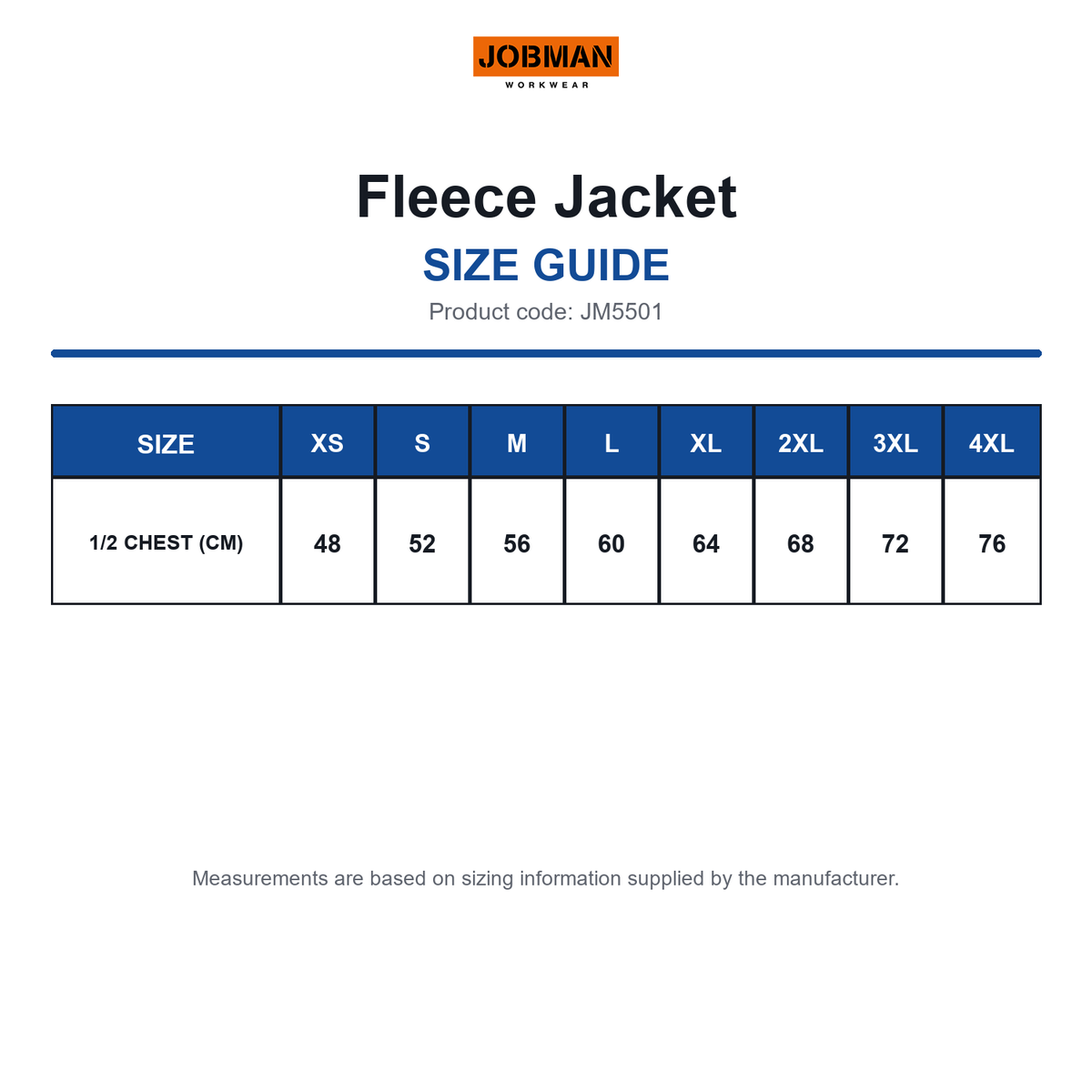 JM5501 Jobman Fleece Jacket size guide (JM5501)