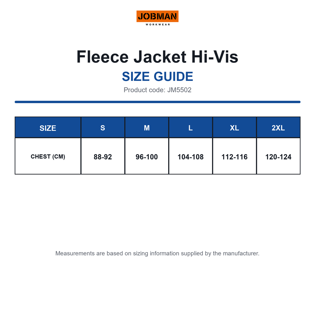 JM5502 Jobman Fleece Jacket Hi-Vis size guide (JM5502)