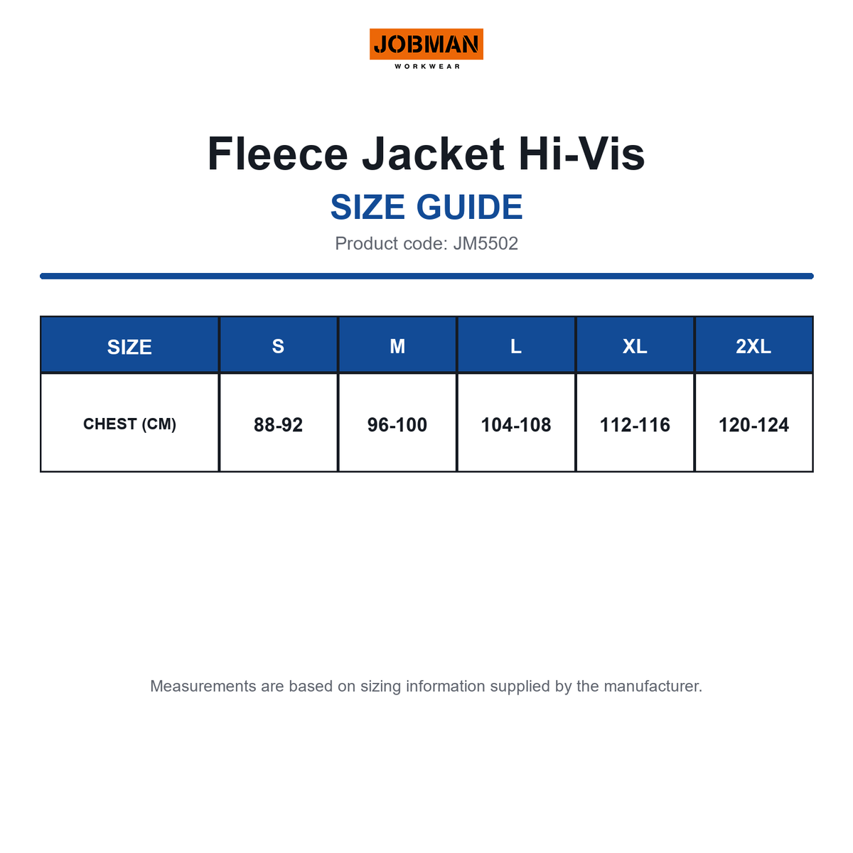 JM5502 Jobman Fleece Jacket Hi-Vis size guide (JM5502)