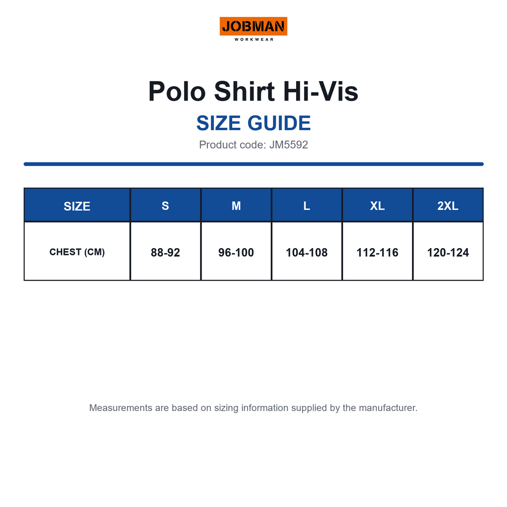 JM5592 Jobman Polo Shirt Hi-Vis size guide (JM5592)