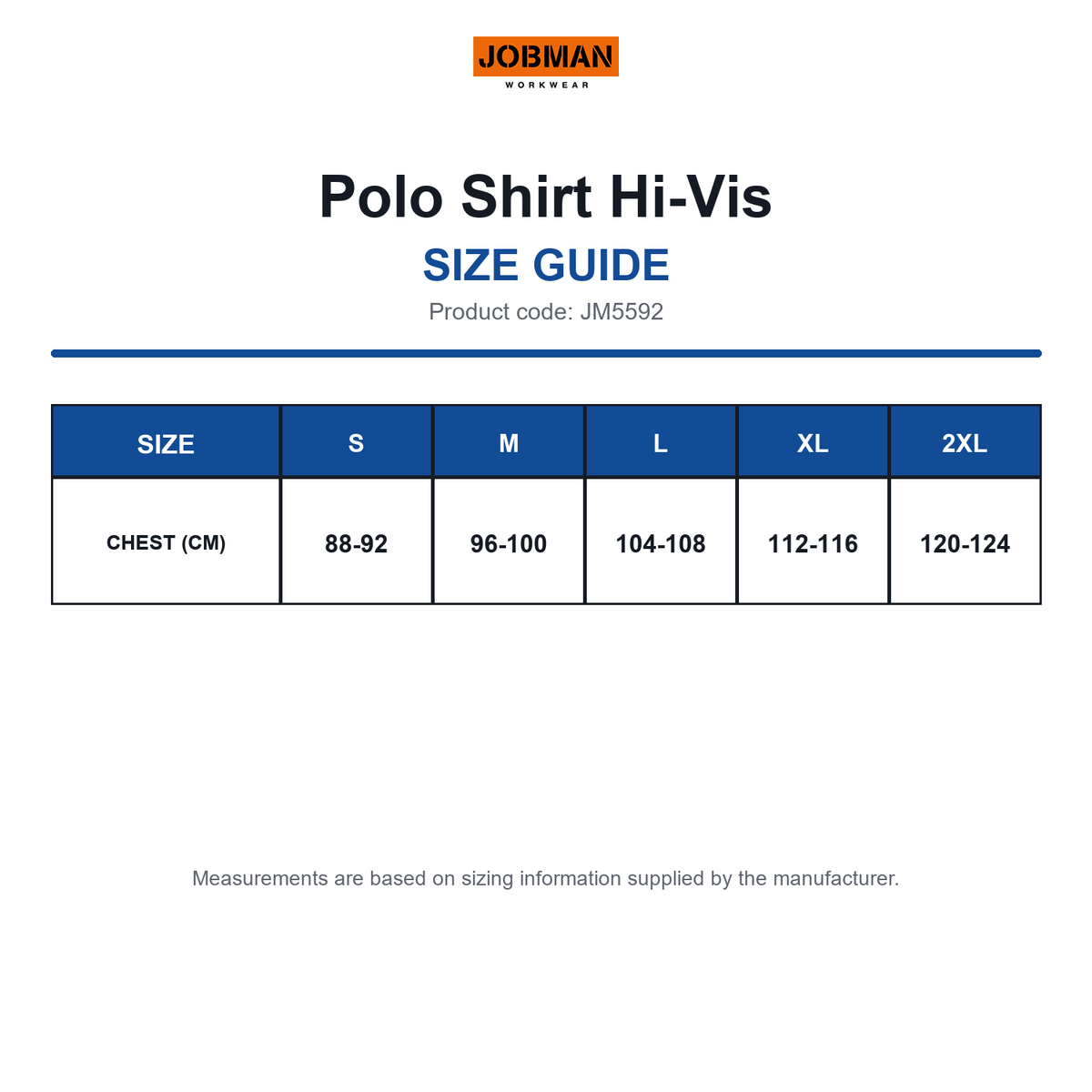 JM5592 Jobman Polo Shirt Hi-Vis size guide (JM5592)