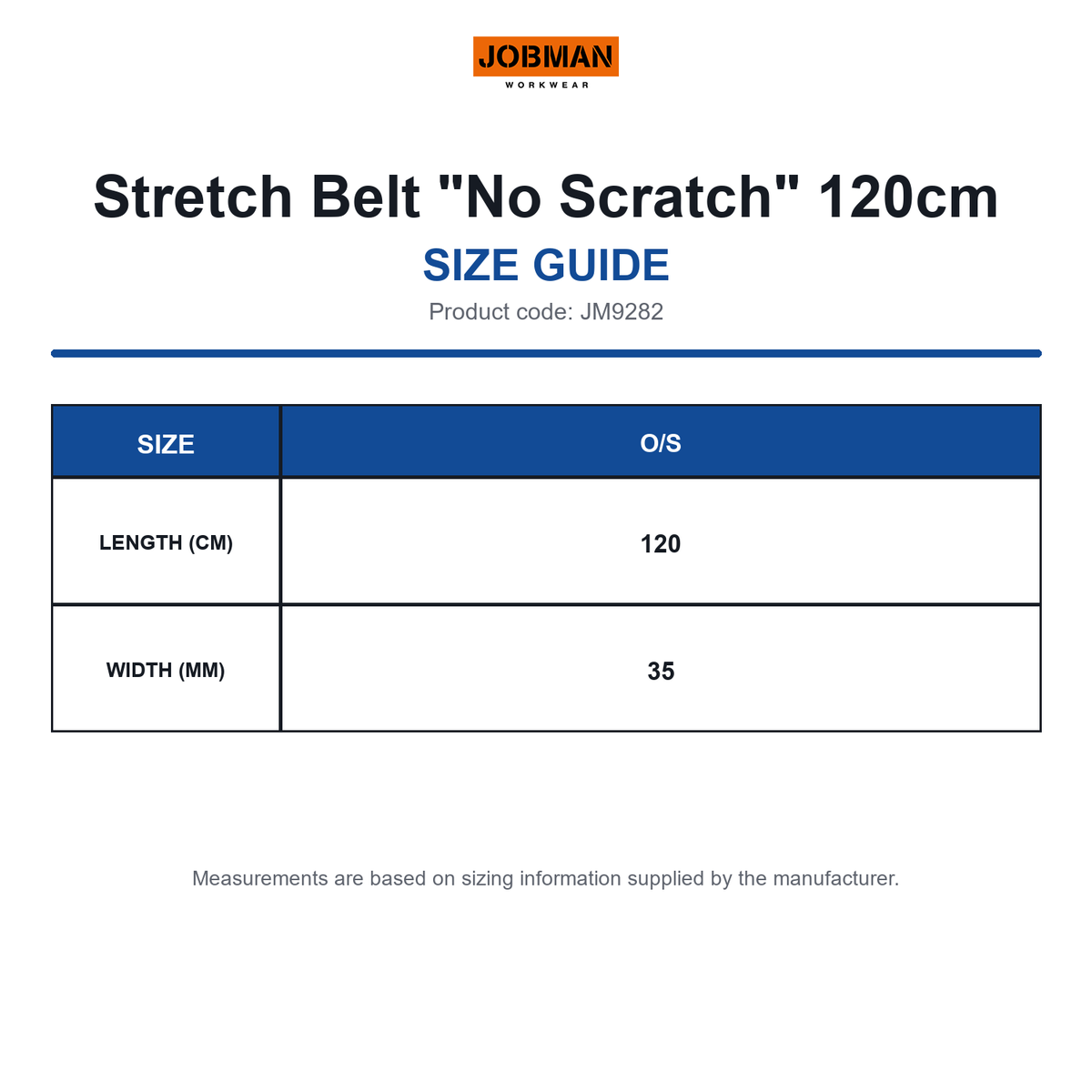 JM9282 Jobman Stretch Belt "No Scratch" 120cm size guide (JM9282)