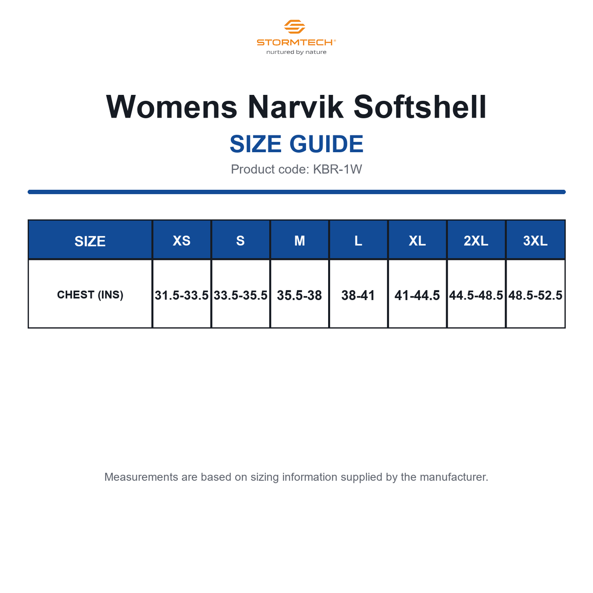 KBR-1W Stormtech Womens Narvik Softshell size guide (KBR-1W)
