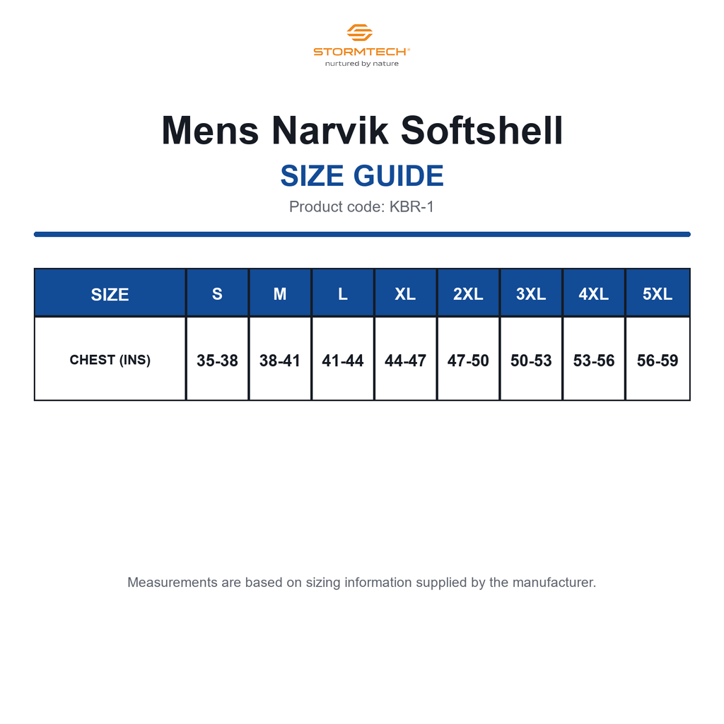 KBR-1 Stormtech Mens Narvik Softshell size guide (KBR-1)