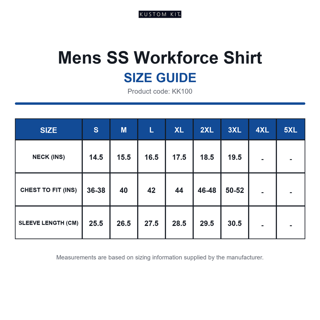 KK100 Kustom Kit Mens SS Workforce Shirt size guide (KK100)