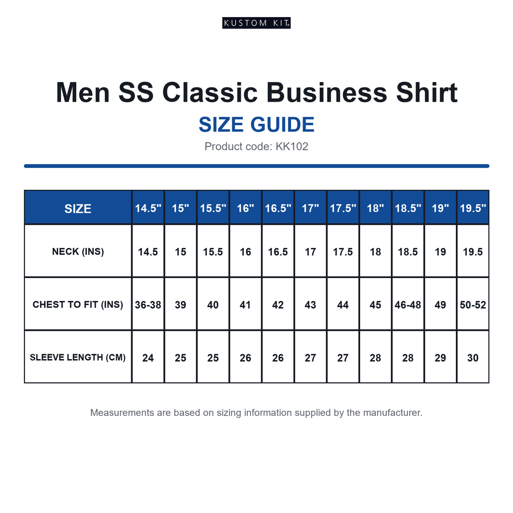KK102 Kustom Kit Men SS Classic Business Shirt size guide (KK102)