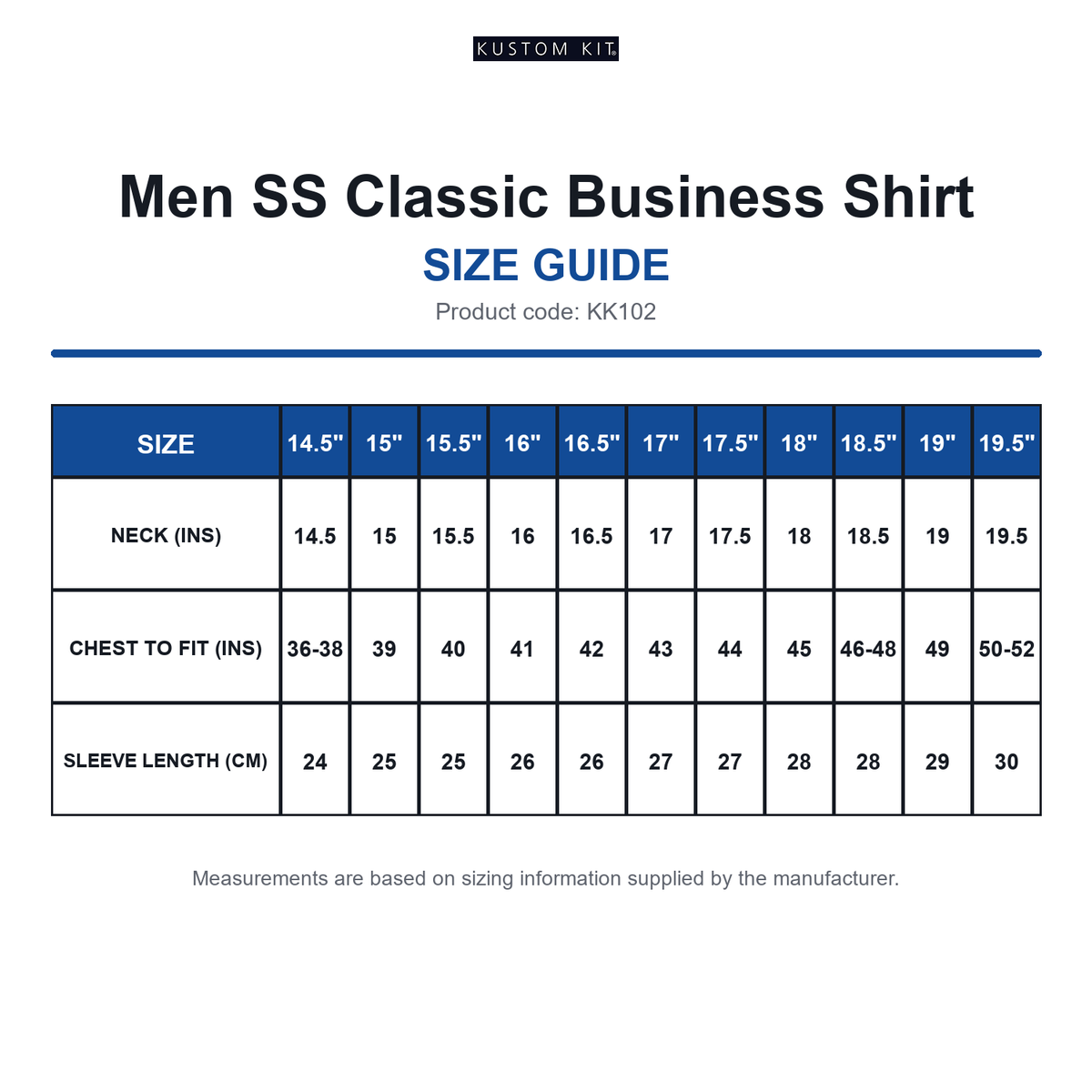 KK102 Kustom Kit Men SS Classic Business Shirt size guide (KK102)
