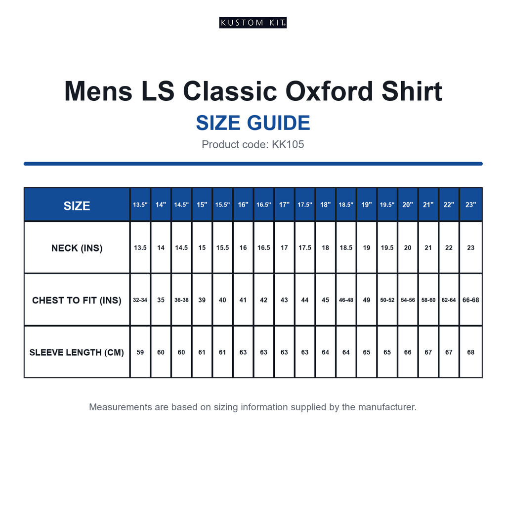 KK105 Kustom Kit Mens LS Classic Oxford Shirt size guide (KK105)