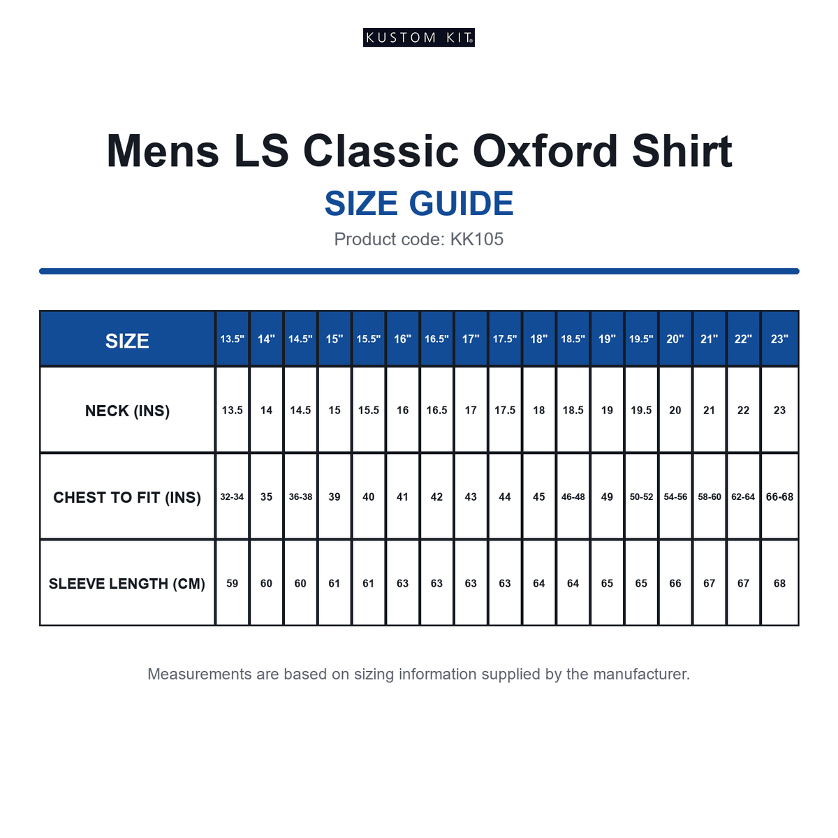 KK105 Kustom Kit Mens LS Classic Oxford Shirt size guide (KK105)