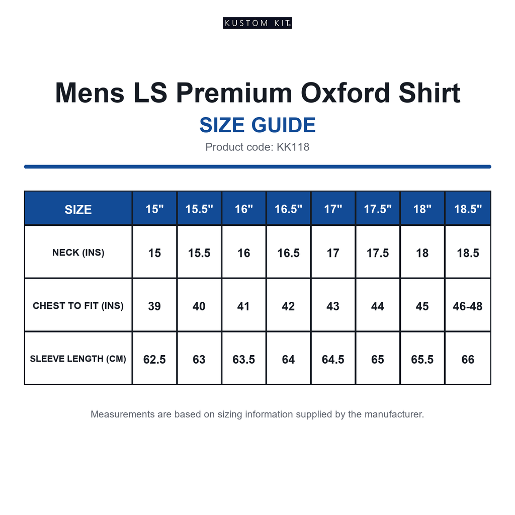 KK118 Kustom Kit Mens LS Premium Oxford Shirt size guide (KK118)