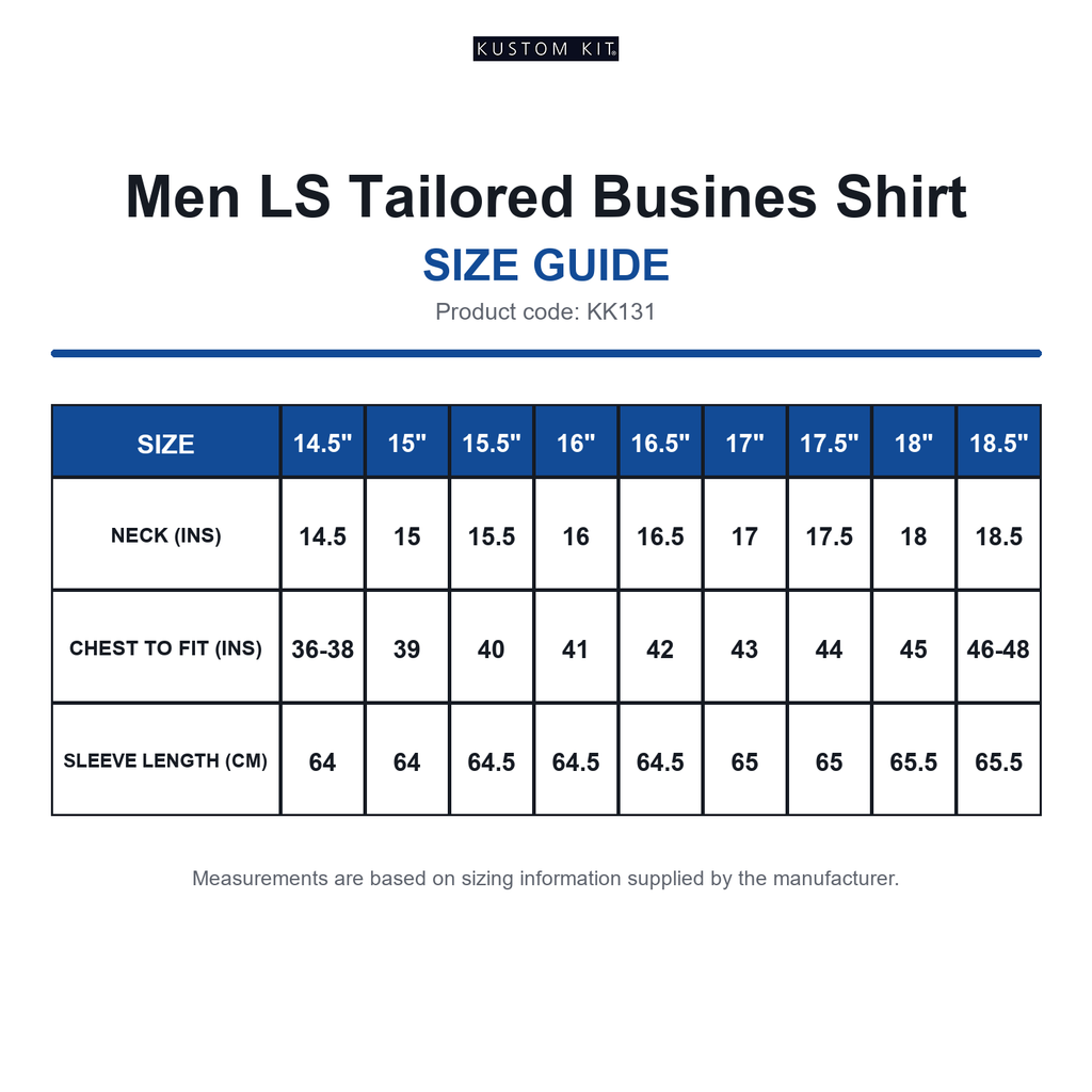 KK131 Kustom Kit Men LS Tailored Busines Shirt size guide (KK131)