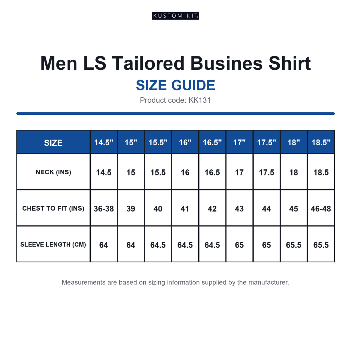 KK131 Kustom Kit Men LS Tailored Busines Shirt size guide (KK131)
