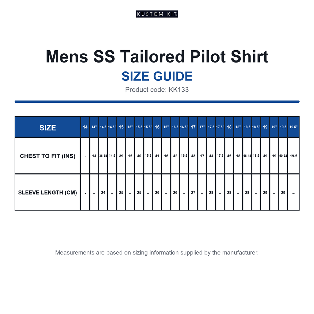 KK133 Kustom Kit Mens SS Tailored Pilot Shirt size guide (KK133)