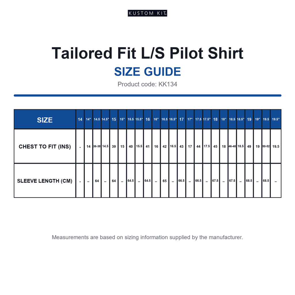 KK134 Kustom Kit Tailored Fit L/S Pilot Shirt size guide (KK134)