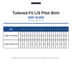 KK134 Kustom Kit Tailored Fit L/S Pilot Shirt size guide (KK134)