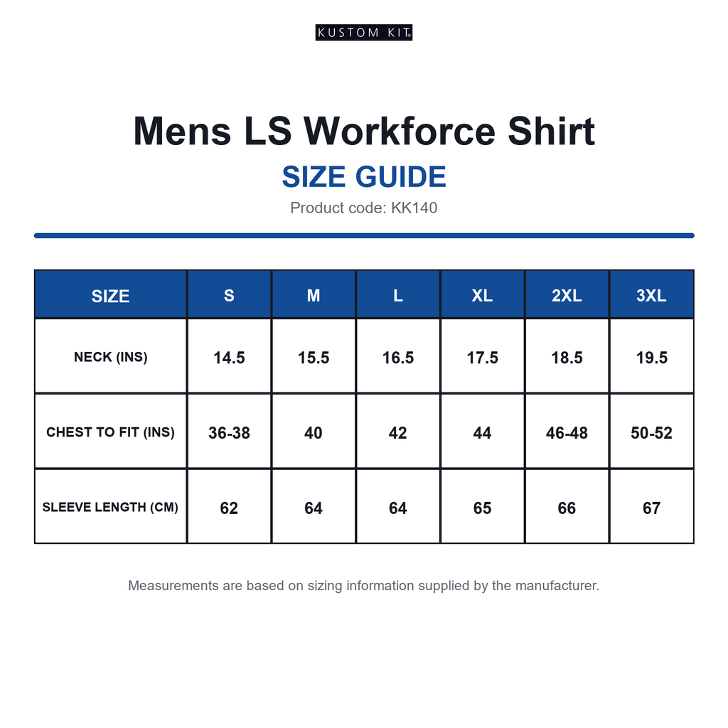 KK140 Kustom Kit Mens LS Workforce Shirt size guide (KK140)