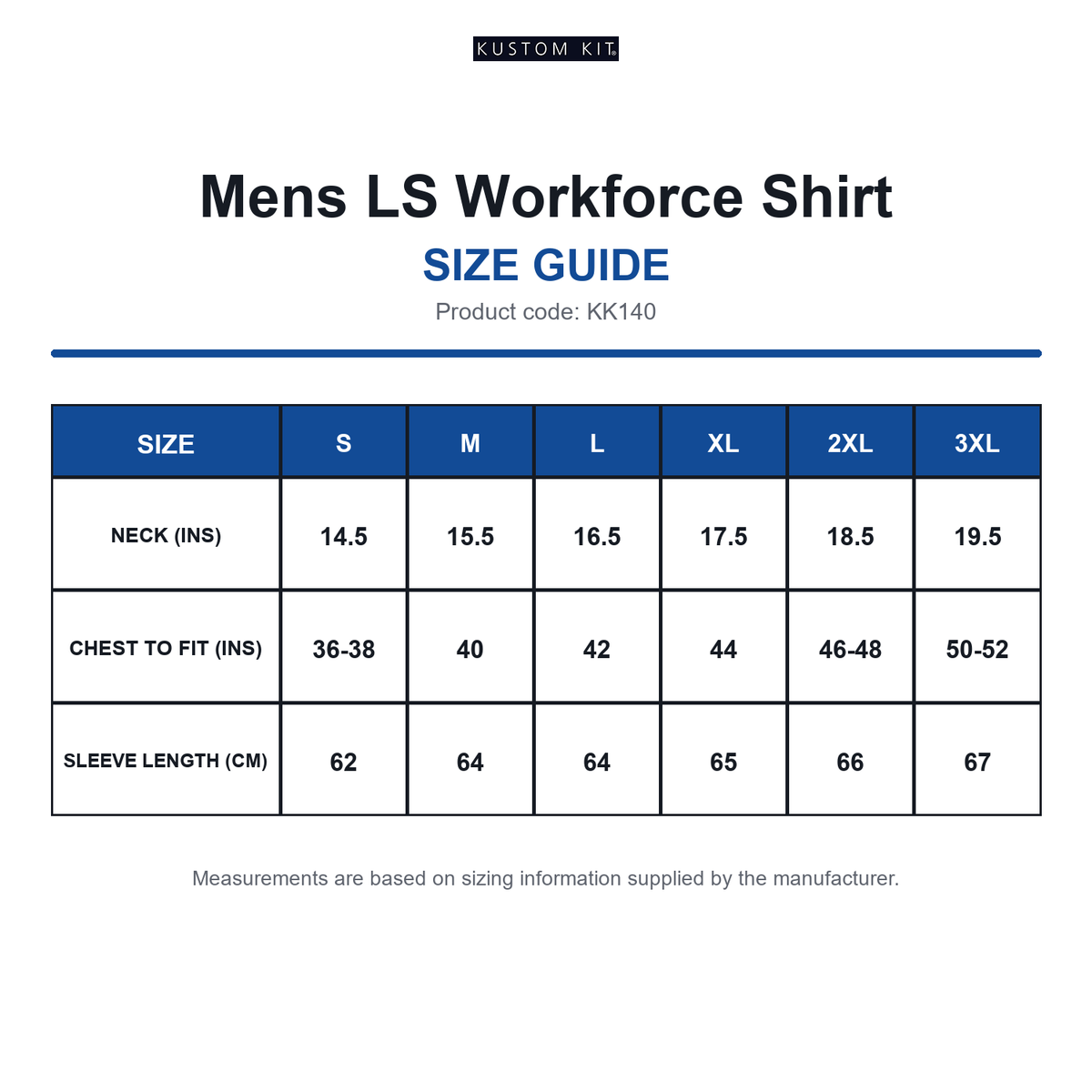 KK140 Kustom Kit Mens LS Workforce Shirt size guide (KK140)