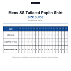 KK141 Kustom Kit Mens SS Tailored Poplin Shirt size guide (KK141)