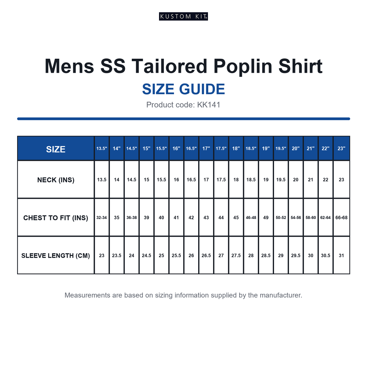 KK141 Kustom Kit Mens SS Tailored Poplin Shirt size guide (KK141)