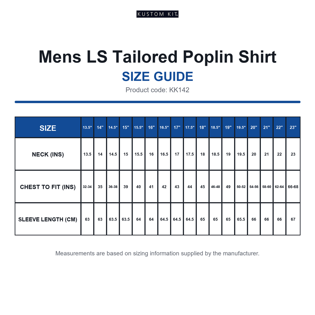 KK142 Kustom Kit Mens LS Tailored Poplin Shirt size guide (KK142)