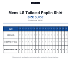 KK142 Kustom Kit Mens LS Tailored Poplin Shirt size guide (KK142)