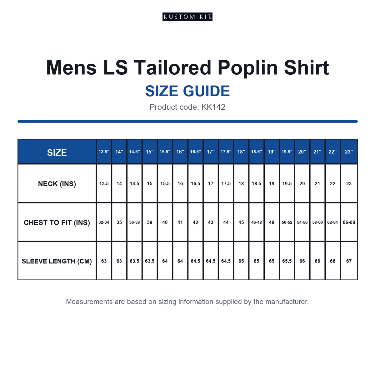 KK142 Kustom Kit Mens LS Tailored Poplin Shirt size guide (KK142)