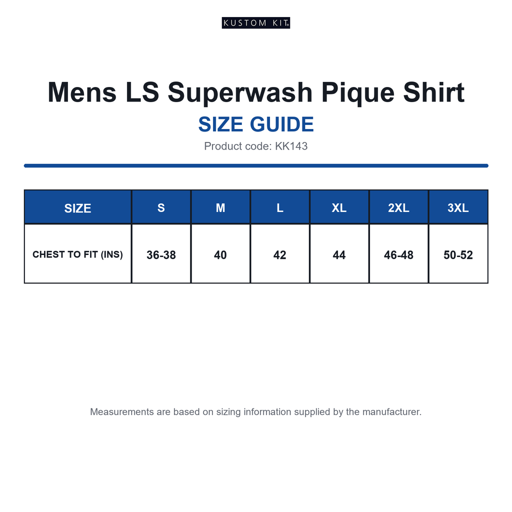 KK143 Kustom Kit Mens LS Superwash Pique Shirt size guide (KK143)