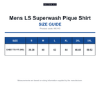 KK143 Kustom Kit Mens LS Superwash Pique Shirt size guide (KK143)