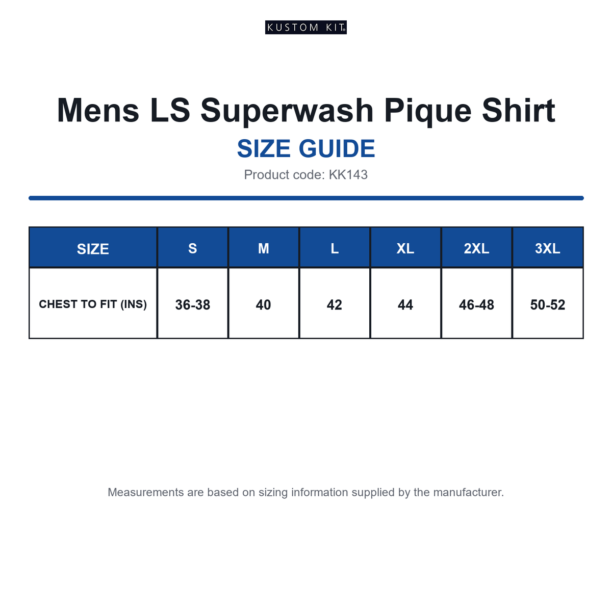 KK143 Kustom Kit Mens LS Superwash Pique Shirt size guide (KK143)