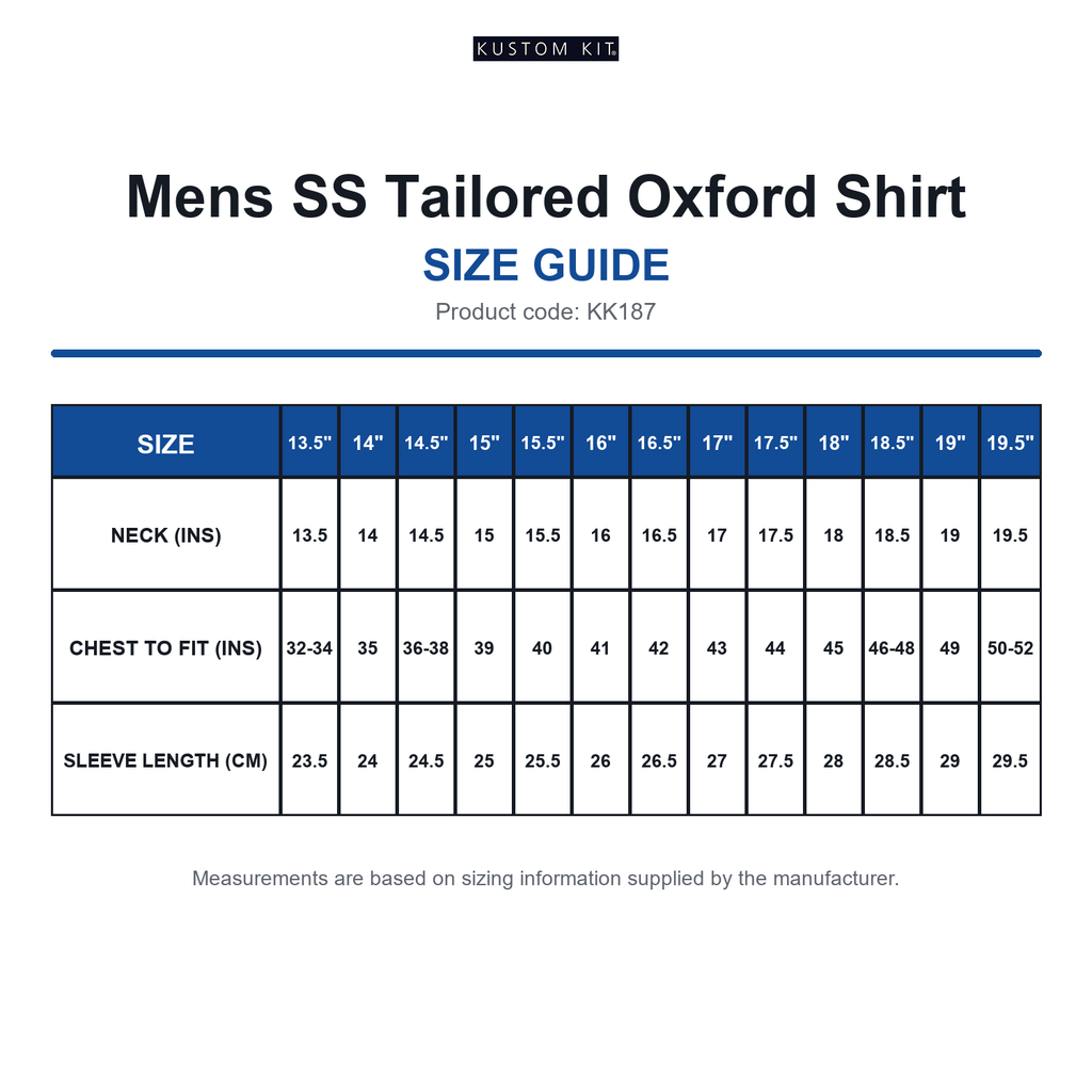 KK187 Kustom Kit Mens SS Tailored Oxford Shirt size guide (KK187)