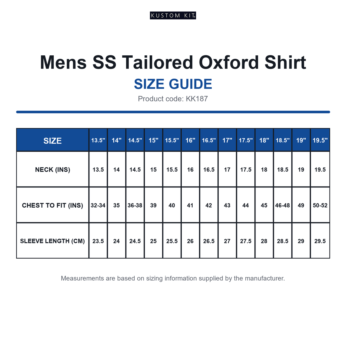 KK187 Kustom Kit Mens SS Tailored Oxford Shirt size guide (KK187)