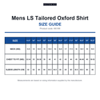 KK188 Kustom Kit Mens LS Tailored Oxford Shirt size guide (KK188)