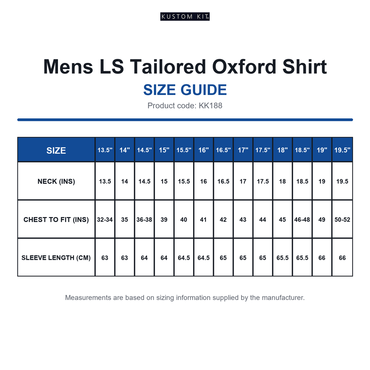 KK188 Kustom Kit Mens LS Tailored Oxford Shirt size guide (KK188)