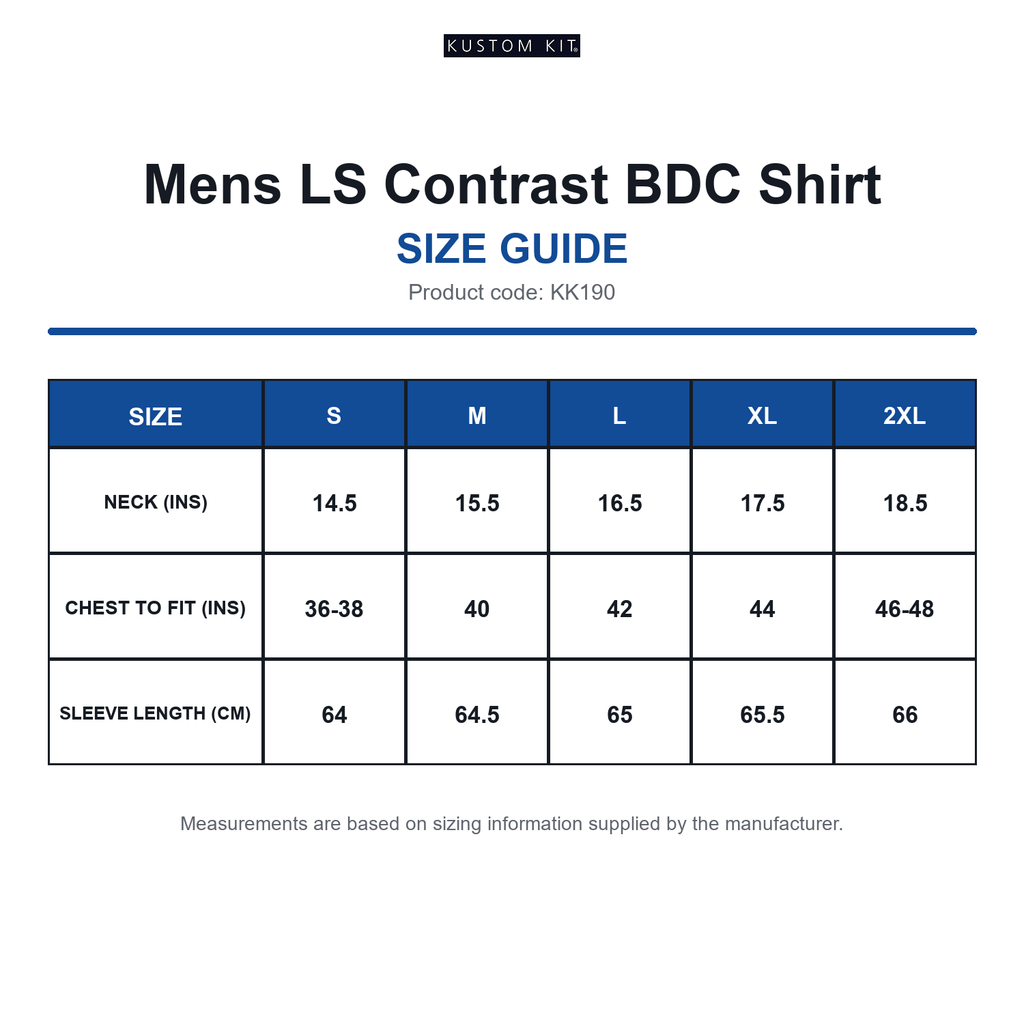 KK190 Kustom Kit Mens LS Contrast BDC Shirt size guide (KK190)