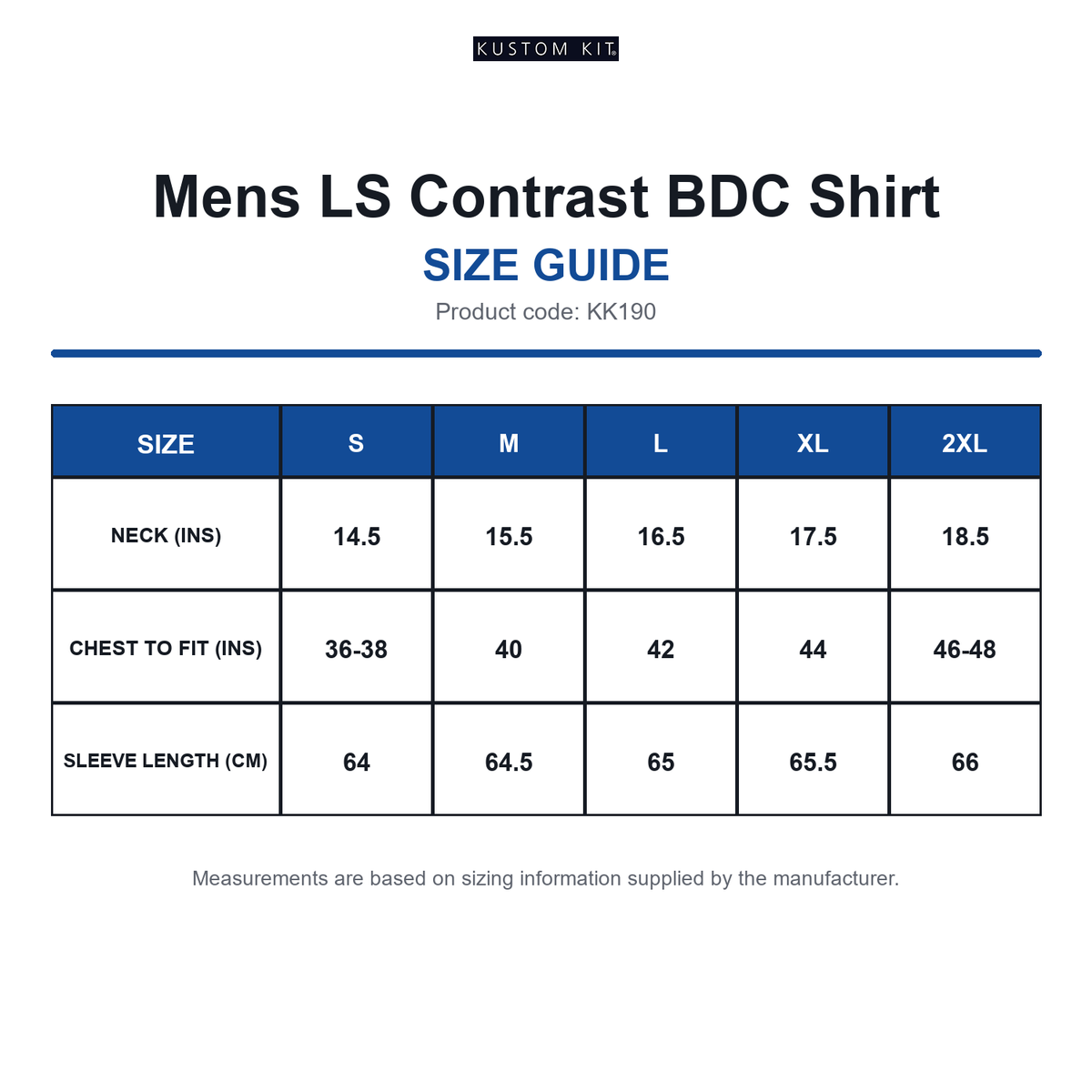 KK190 Kustom Kit Mens LS Contrast BDC Shirt size guide (KK190)