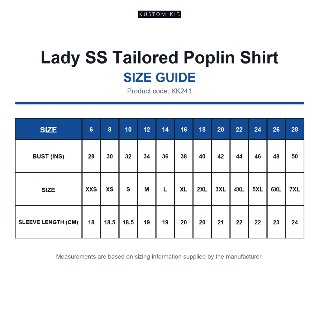 KK241 Kustom Kit Lady SS Tailored Poplin Shirt size guide (KK241)
