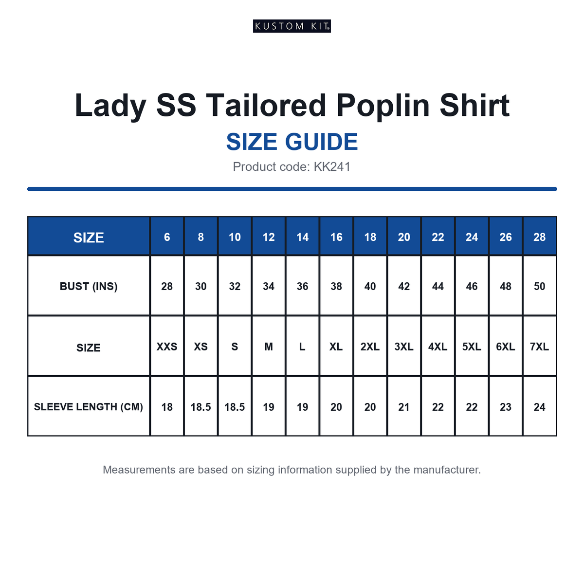 KK241 Kustom Kit Lady SS Tailored Poplin Shirt size guide (KK241)